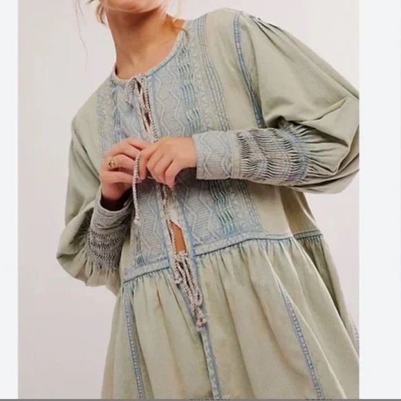 Free People Sweet Summer Bed Jacket in Light Chambray Combo sz  medium EUC - Picture 2 of 9